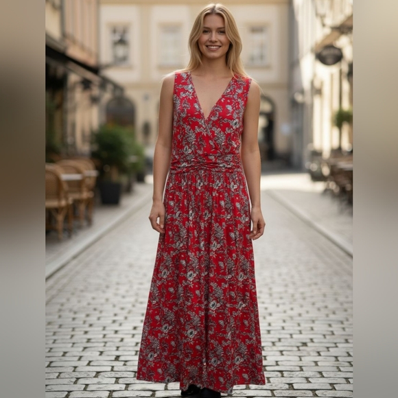 OUGES Long Red Flower V Neck Dress NWT size Xlarge P2P 40" HAS POCKETS!! - Picture 4 of 4